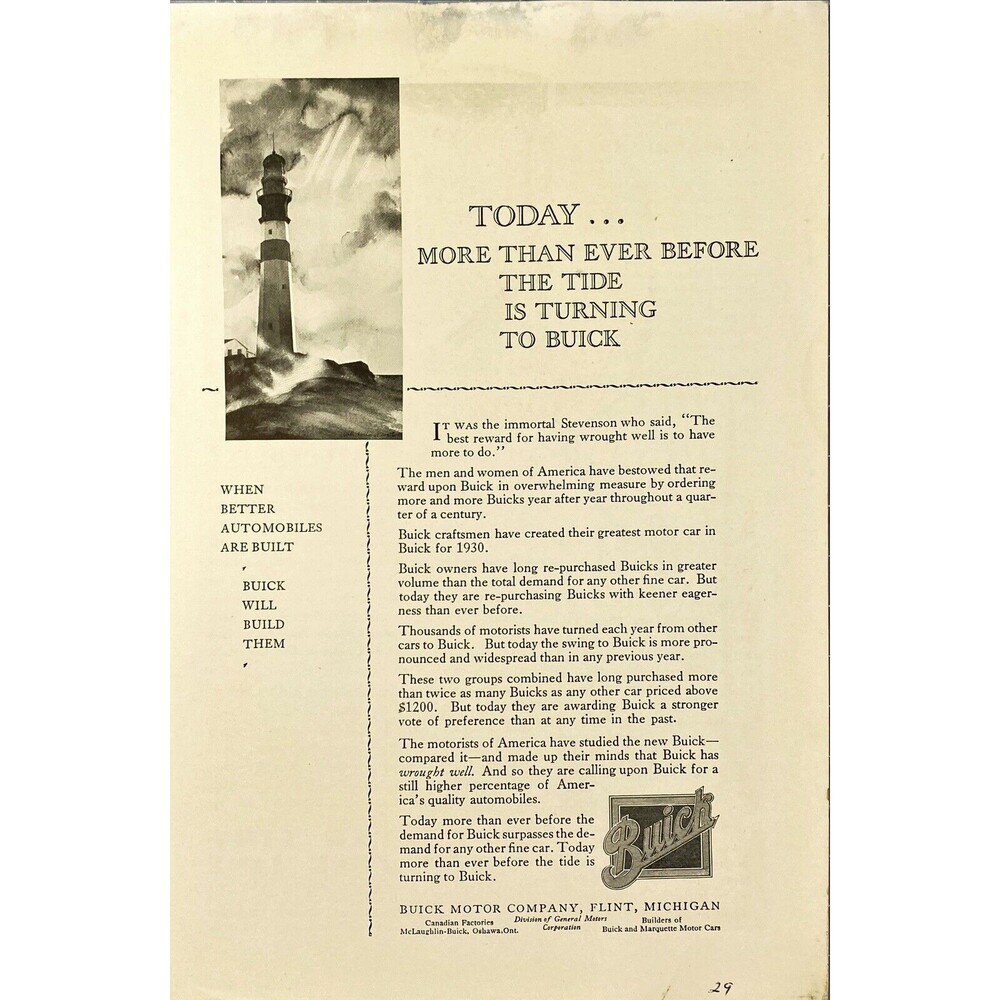 Buick "Today-More Than Ever Before the Tide is Turning Buick" Vtg Print Ad 1929